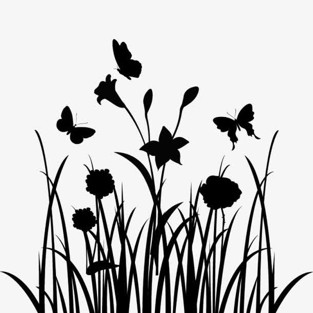 黑色剪影花丛免抠