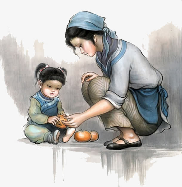 手绘农村母女水果免抠