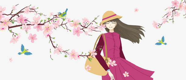 春天手绘女孩鸟樱花树枝花瓣免抠