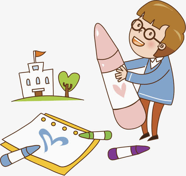 拿着彩笔画画的男孩免抠