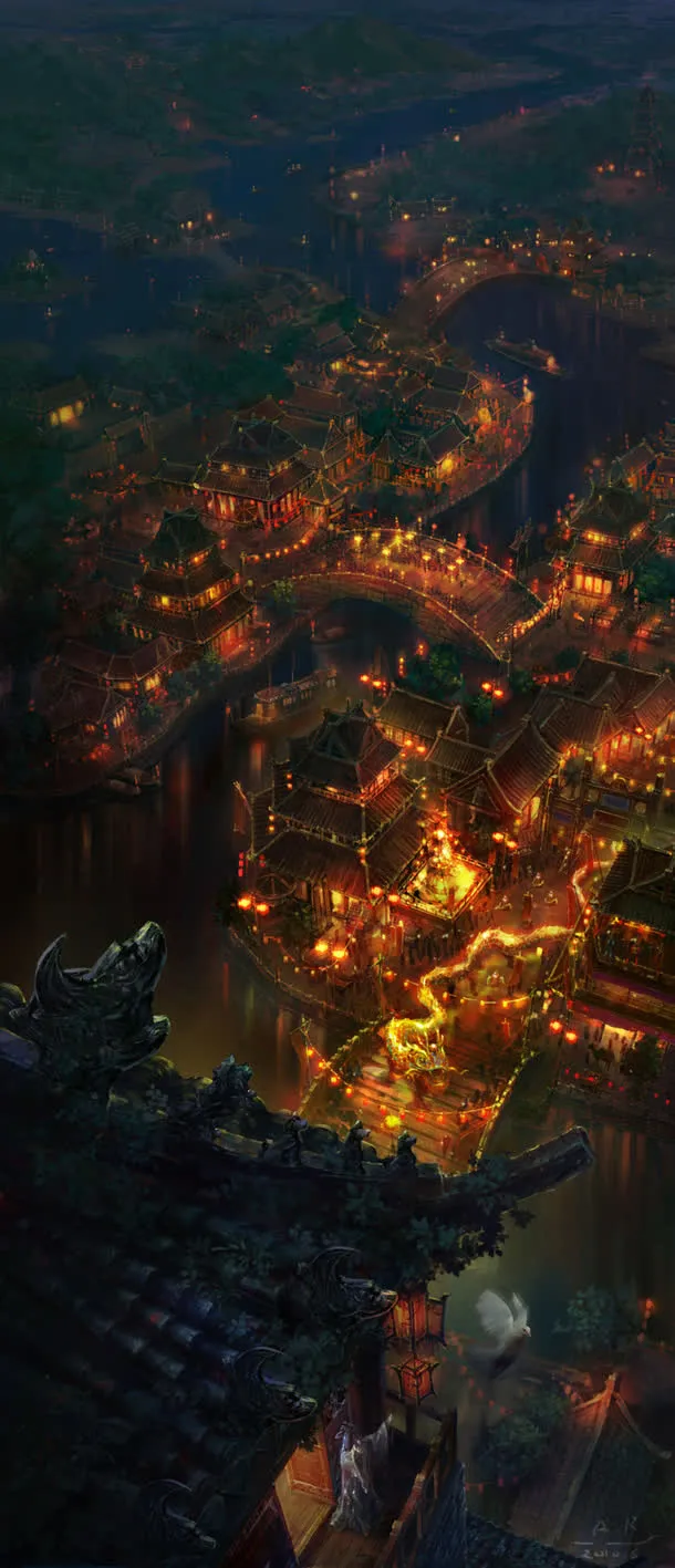 古代建筑城市夜景插画免抠