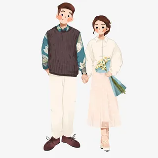 手绘 情侣 玩耍 走路 大人免抠