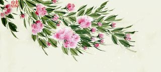 梦幻粉色花朵绿叶插画免抠