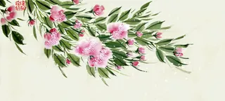 梦幻粉色花朵绿叶插画免抠