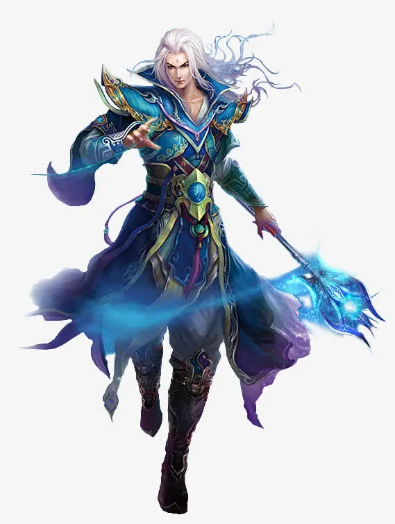 蓝色光效白发游戏人物免抠