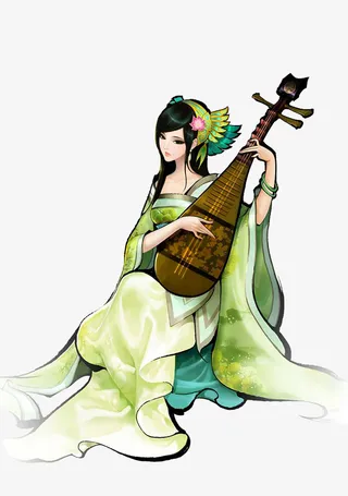 卡通插画绿衣女子弹琵琶免抠