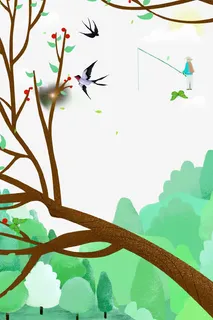 卡通绿色春季树林背景免抠