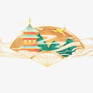 中国风扇子仙鹤免抠