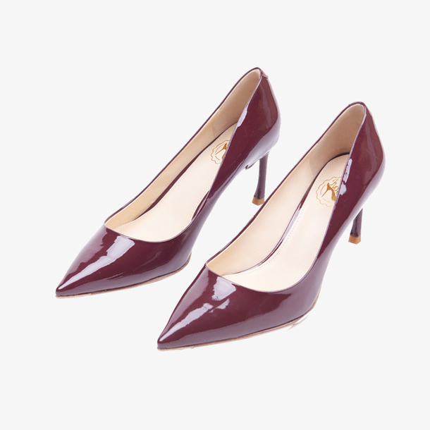 酒红色女士真皮高跟免抠