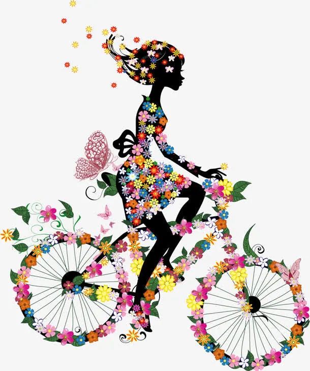 矢量时尚鲜花骑单车美女免抠