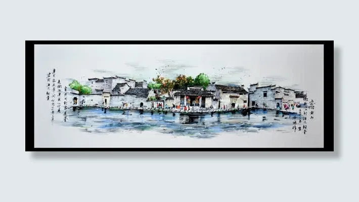 中国风全景房子画卷免抠
