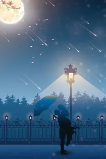 蓝色手绘白色情人节路灯下的情侣背景高清 蓝色手绘白色情人节路灯下的情侣背景高清