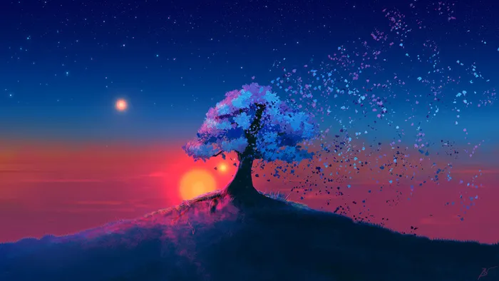 夕阳红树木插画高清