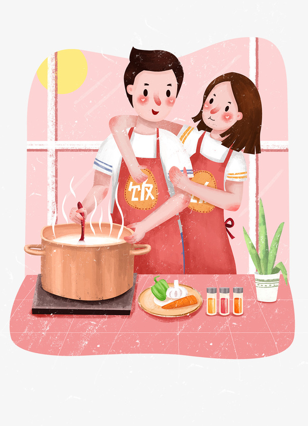 卡通手绘做饭的情侣免抠