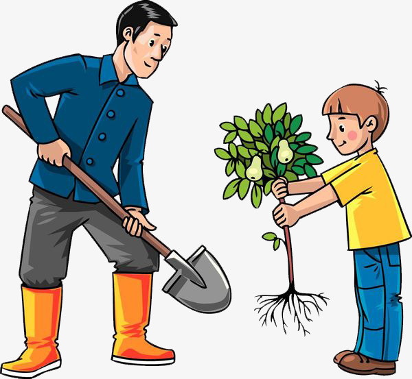 爸爸与儿子一起种树免抠