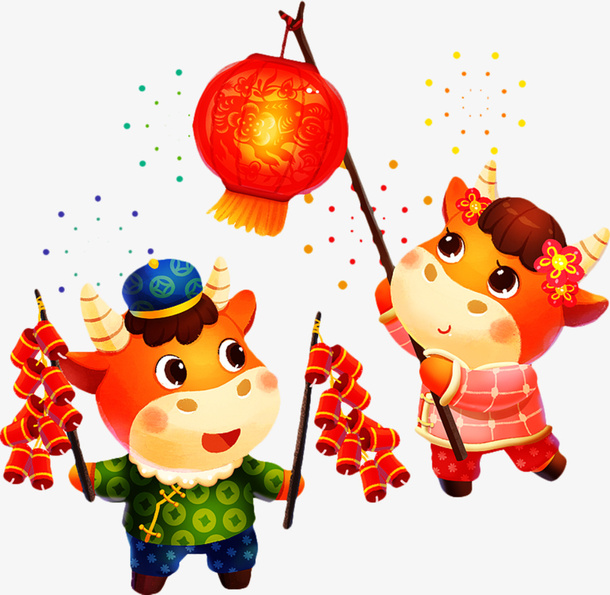 牛年 过年 卡通 牛 春节 鞭炮免抠