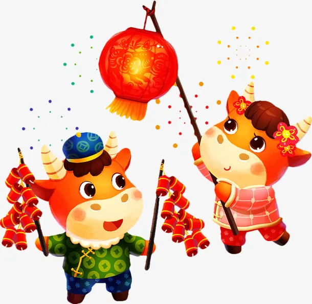 牛年 过年 卡通 牛 春节 鞭炮免抠