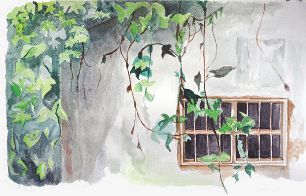精美手绘水彩日系房屋爬山虎插画免抠