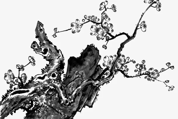 手绘水墨画山石梅花免抠