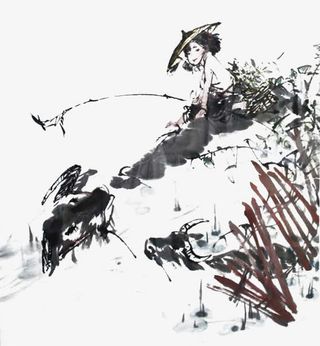 泼墨中国风小女孩水墨垂钓免抠