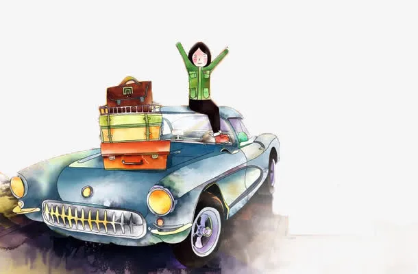 水彩老爷车插画免抠