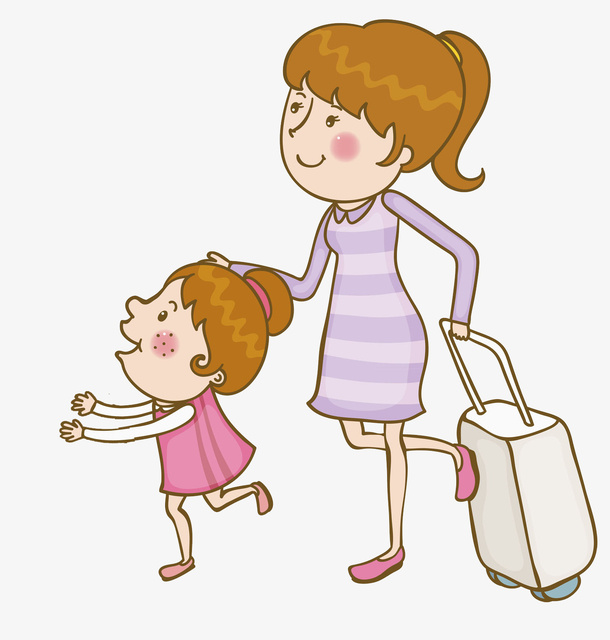 拉着行李箱旅行的母女免抠