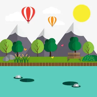 矢量扁平树林山丘池塘风景免抠