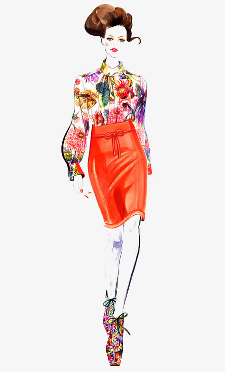 手绘高腰裙女免抠
