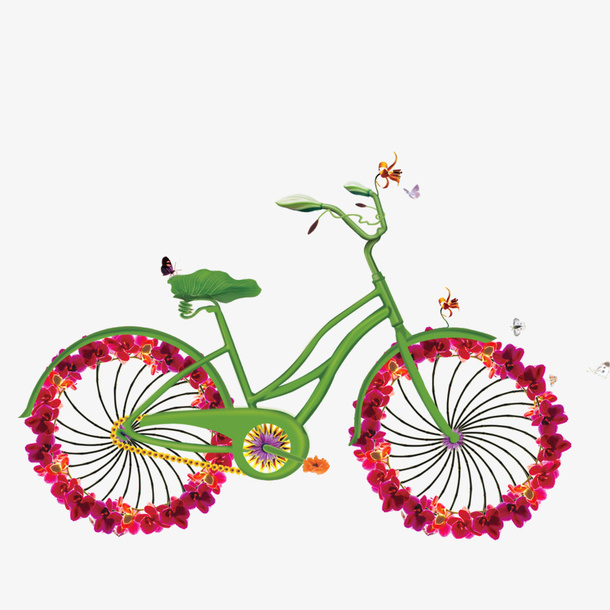 花朵绿色自行车创意插图免抠