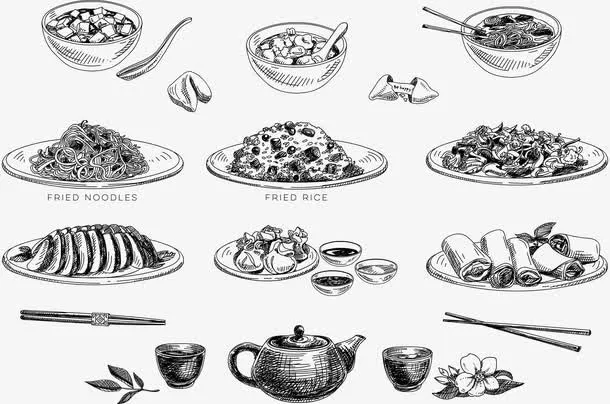 手绘素描中国菜插画免抠