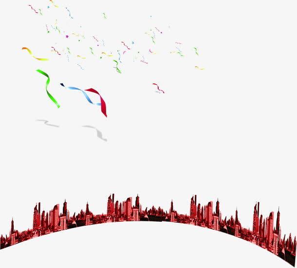 扁平风格繁华都市场景不规则颜色彩带免抠