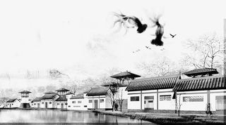 烟雨水墨江南水乡黑白免抠