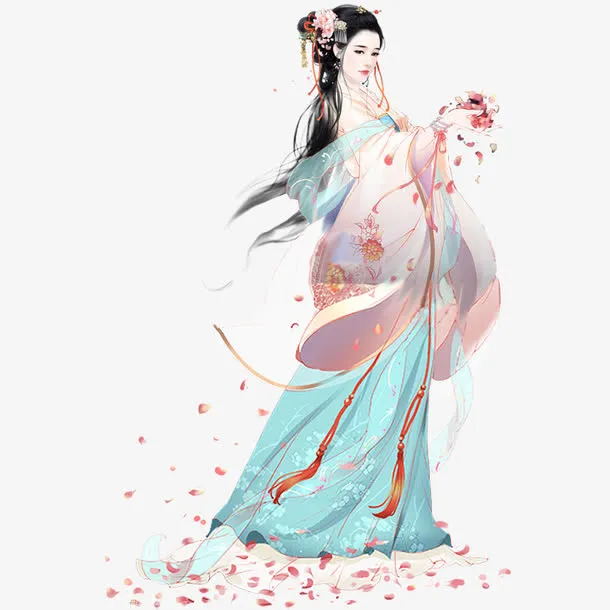中国风手绘古典拿花的美女免抠