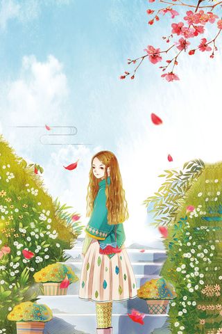 浅蓝色手绘清新春季上新春季小女孩背景高清