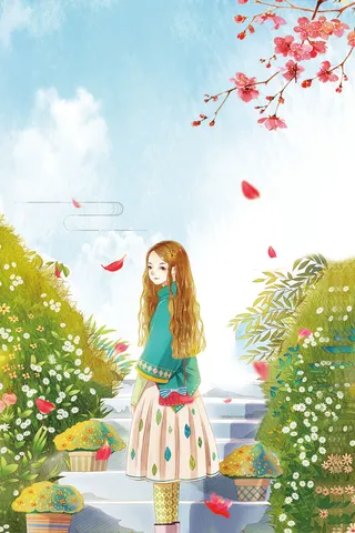 浅蓝色手绘清新春季上新春季小女孩背景高清