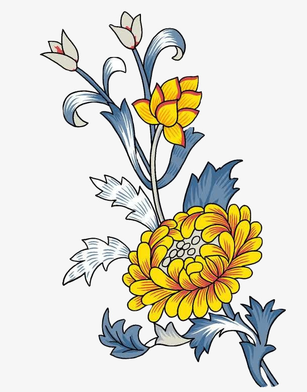 国潮菊花蓝调中国风元素免抠