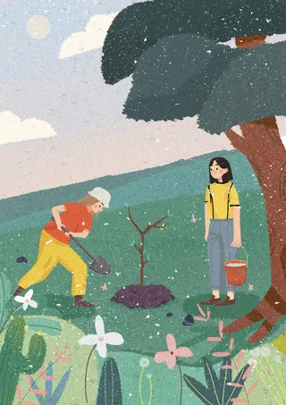 手绘植树节栽树背景图高清卡通手绘背景