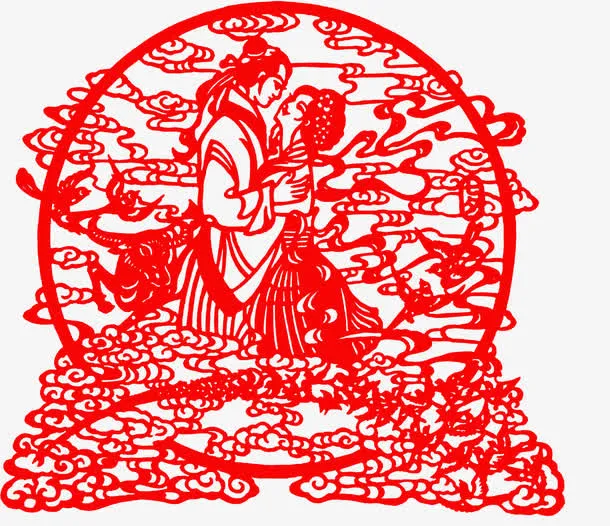 七夕牛郎织女剪纸素材免抠