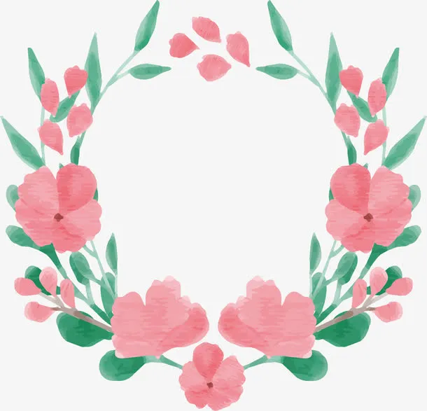 粉红色水彩花朵花环免抠