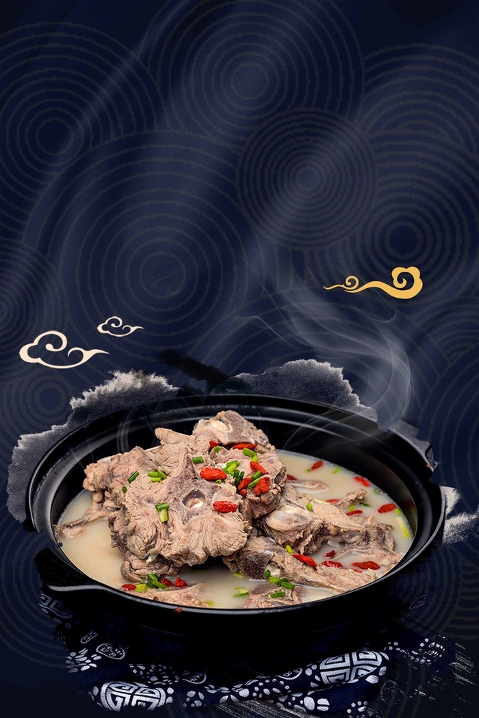羊肉汤蓝色中国风餐厅宣传背景高清