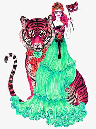 女人与老虎时尚插画免抠