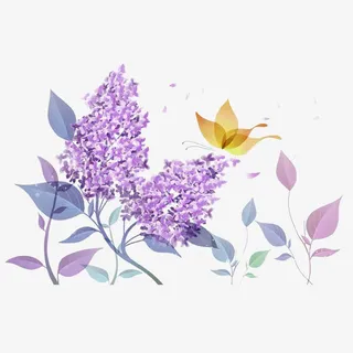手绘浪漫唯美蝶恋紫丁香插画免抠免抠