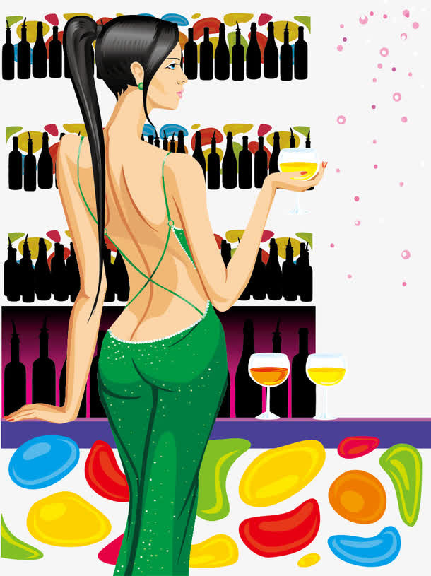 穿露背装喝红酒的时尚女孩免抠