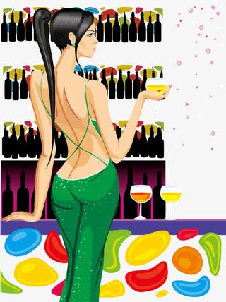 穿露背装喝红酒的时尚女孩免抠