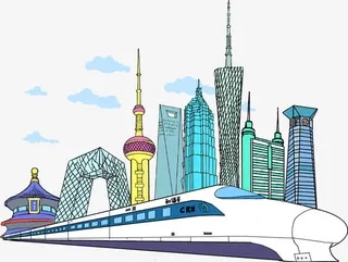 手绘彩色线稿的和谐号城市建筑免抠