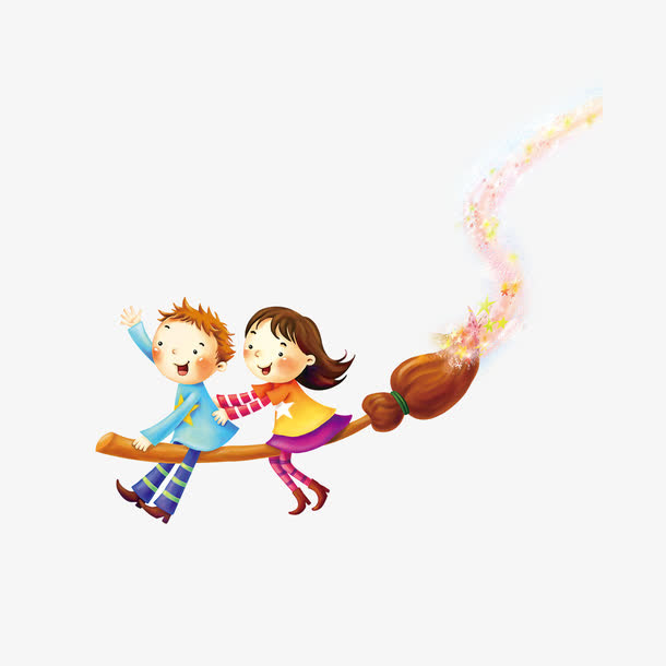 卡通儿童素材 骑魔法扫帚的小孩免抠