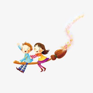 卡通儿童素材 骑魔法扫帚的小孩免抠