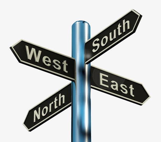 金属风格东南西北四岔路口指示牌免抠