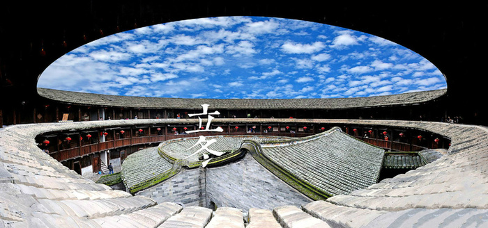 蓝天围龙屋摄影背景高清