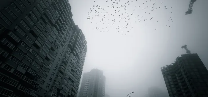 雾霾冬季城市黑白灰色调天空海报背景高清